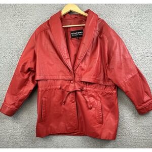 VINTAGE Wilsons Leather Jacket Womens Large Red Snap Up Drawstring Belt Caped